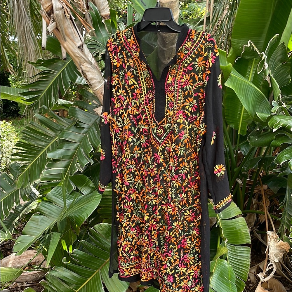 Bohemian embroidered dark floral sheer tunic